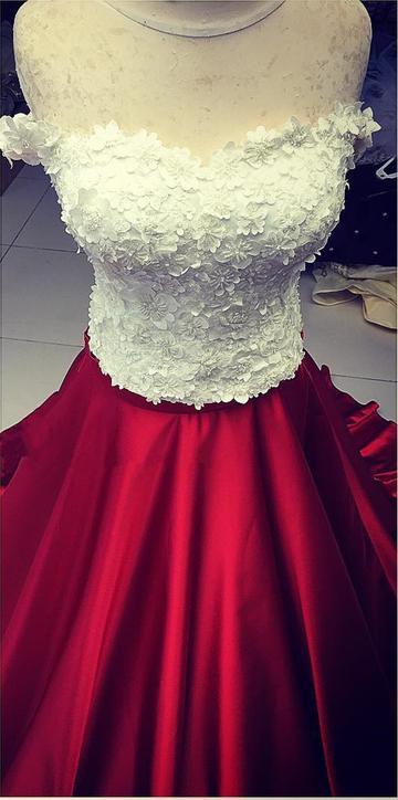 White Lace Crop Top Red Satin Two Piece A Line Prom Dresses DM817