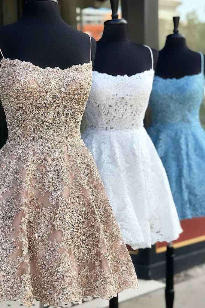 Spaghetti Straps Criss Cross Back A Line Lace Homecoming Dresses DMO76
