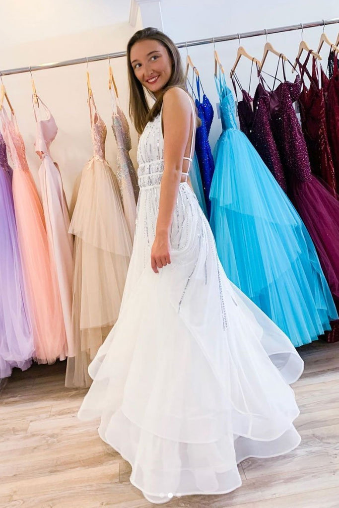 White V neck Tulle Sequina Long Prom Dress A Line Evening Dress DMQ50