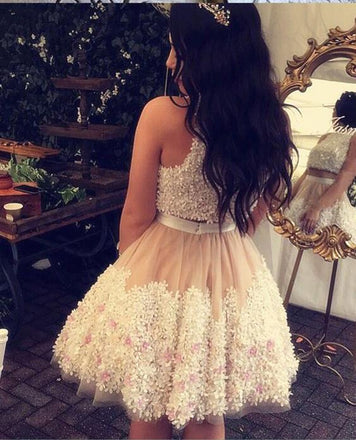 Cute Tull Flower Lace Appliques Short Prom Dress,Two Pieces Homecoming Dresses DM464