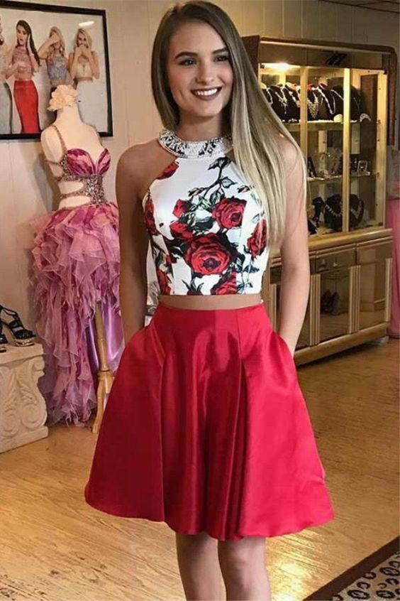 Two Pieces Red Floral Homecoming Dresses With Pockets DML80