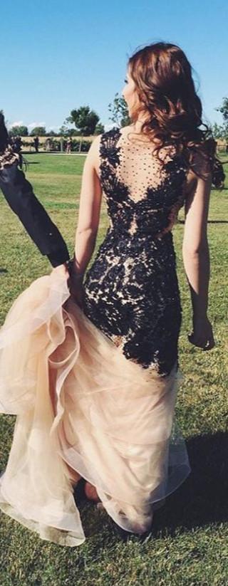 V-neck Long Mermaid Black Lace Charming Sexy Party Prom Dresses K729