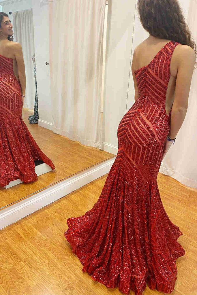 Mermaid One Shoulder Hot Pink Sequined Long Prom Dress Evening Party Dresses DMP188