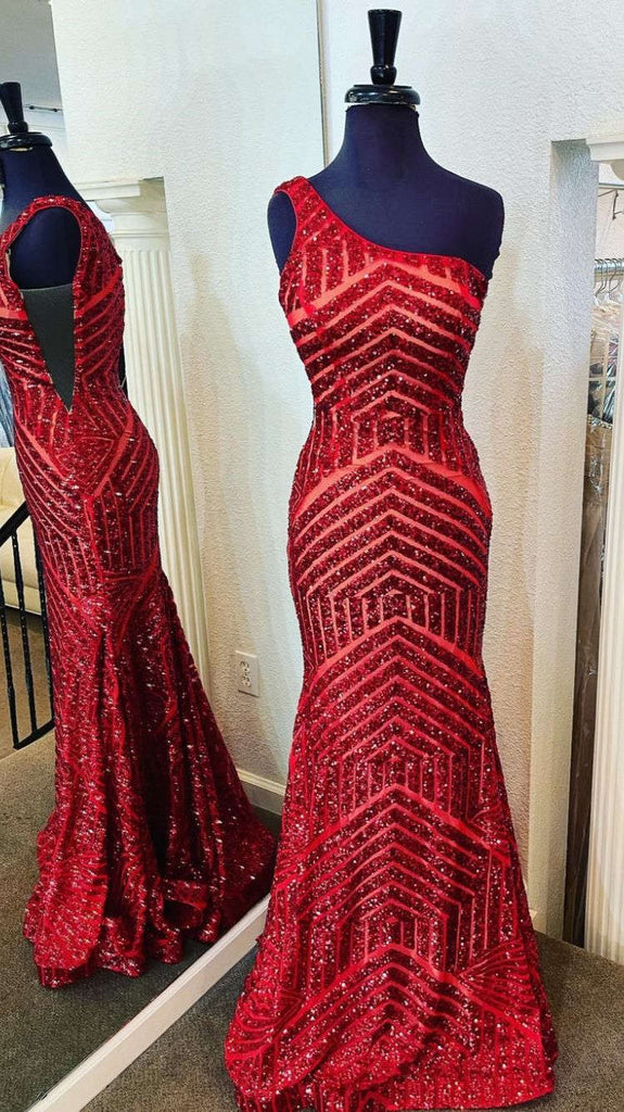 Mermaid One Shoulder Hot Pink Sequined Long Prom Dress Evening Party Dresses DMP188