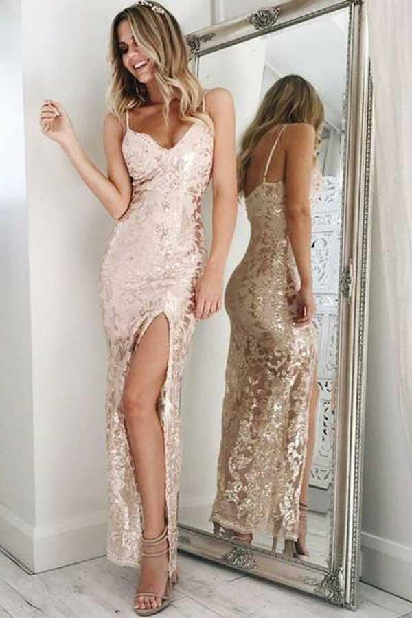 Mermaid Spaghetti Straps Pearl Pink Sequined Split Sexy Prom Dress DME86