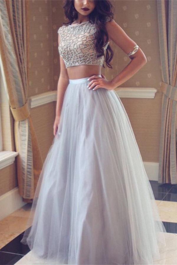 Sparkly Beaded Two Pieces Modest Long Tulle Party Prom Dresses K768