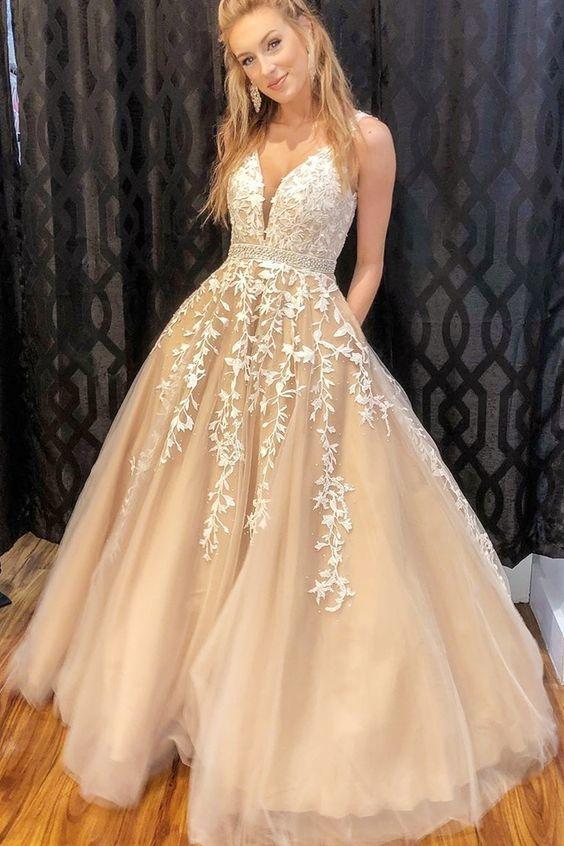 A-line Nude and White Lace Appliques V Neck Beaded Long Prom Dress DM1009