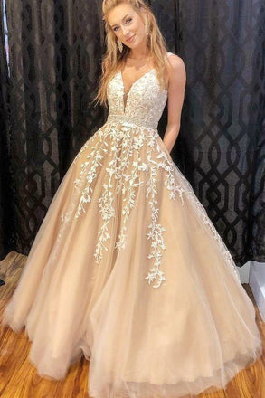 A-line Nude and White Lace Appliques V Neck Beaded Long Prom Dress DM1009