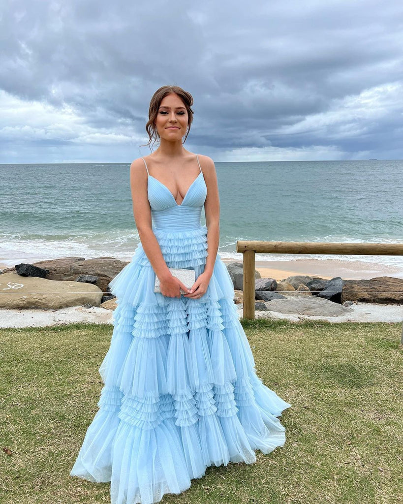 Charming A Line V Neck Light Blue Tulle Long Prom Dresses Evening Gown DMP271