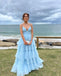 Charming A Line V Neck Light Blue Tulle Long Prom Dresses Evening Gown DMP271