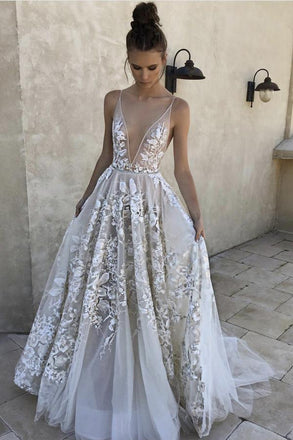 Elegant A Line Deep V-Neck Ivory Tulle Long Prom Dress with Lace Appliques DMI39