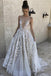 Elegant A Line Deep V-Neck Ivory Tulle Long Prom Dress with Lace Appliques DMI39