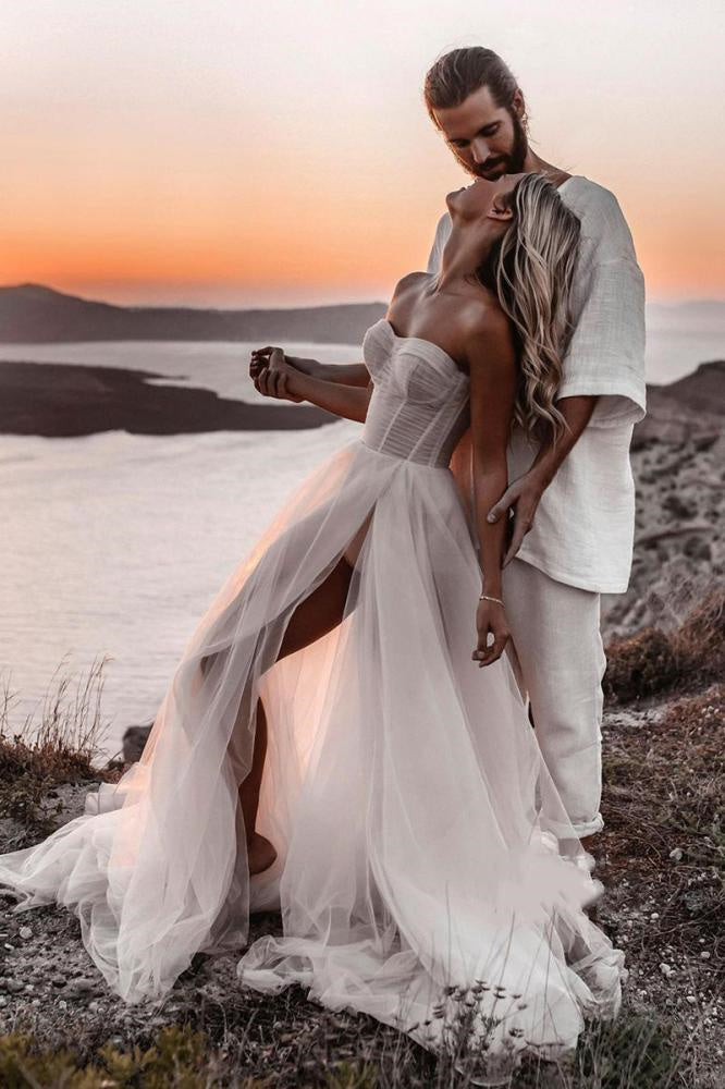 A-line Sweetheart Tulle Bohemian Wedding Dresses, Beach Simple Wedding Dress DM1926