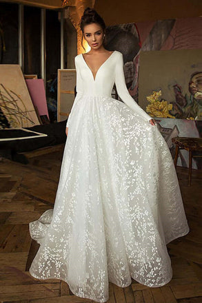 A-line V-neck Long Sleeves Wedding Dresses With Court Train, Bridal Gown DM1807