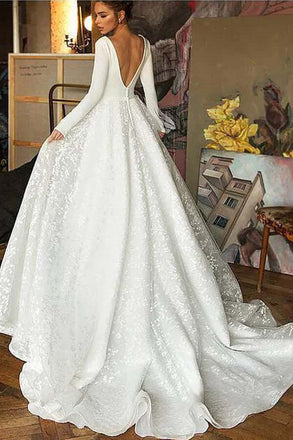 A-line V-neck Long Sleeves Wedding Dresses With Court Train, Bridal Gown DM1807