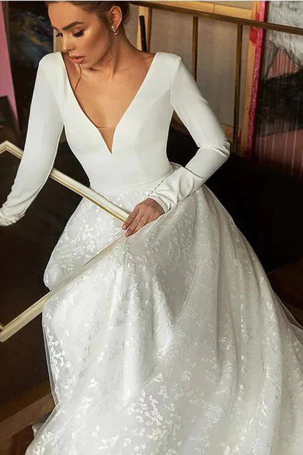 A-line V-neck Long Sleeves Wedding Dresses With Court Train, Bridal Gown DM1807