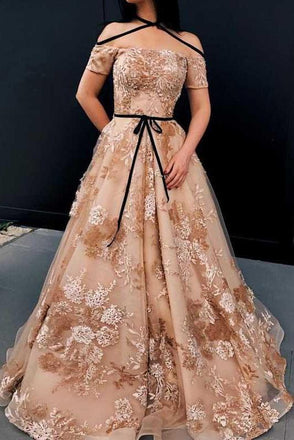 A-line Off The Shoulder Lace Appliques Unique Long Prom Dresses DMF26