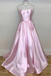 A-line Spaghetti Straps Pink Long Prom Dresses With Pockts Satin Simple Evening Dress DMS93