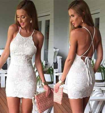 Sexy Sheath Mini Party Dresses,White Lace Short Homecoming Dress DM461