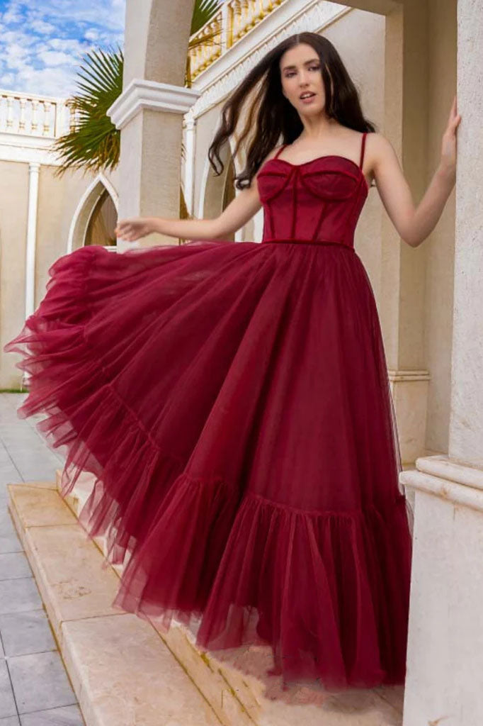 A Line Burgundy Tulle Long Prom Dresses, Princess Formal Graduation Evening Dresses DMP324