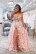 A Line Pink Floral Long Prom Dresses with High Slit, Formal Graduation Evening Dresses DMP319