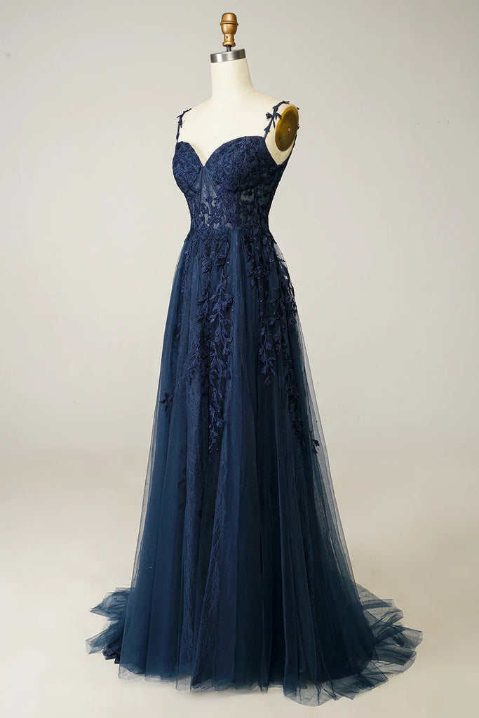 Chic Tulle Floral Lace Off-the-Shoulder A-Line Prom Dress Evening Gown DMP282