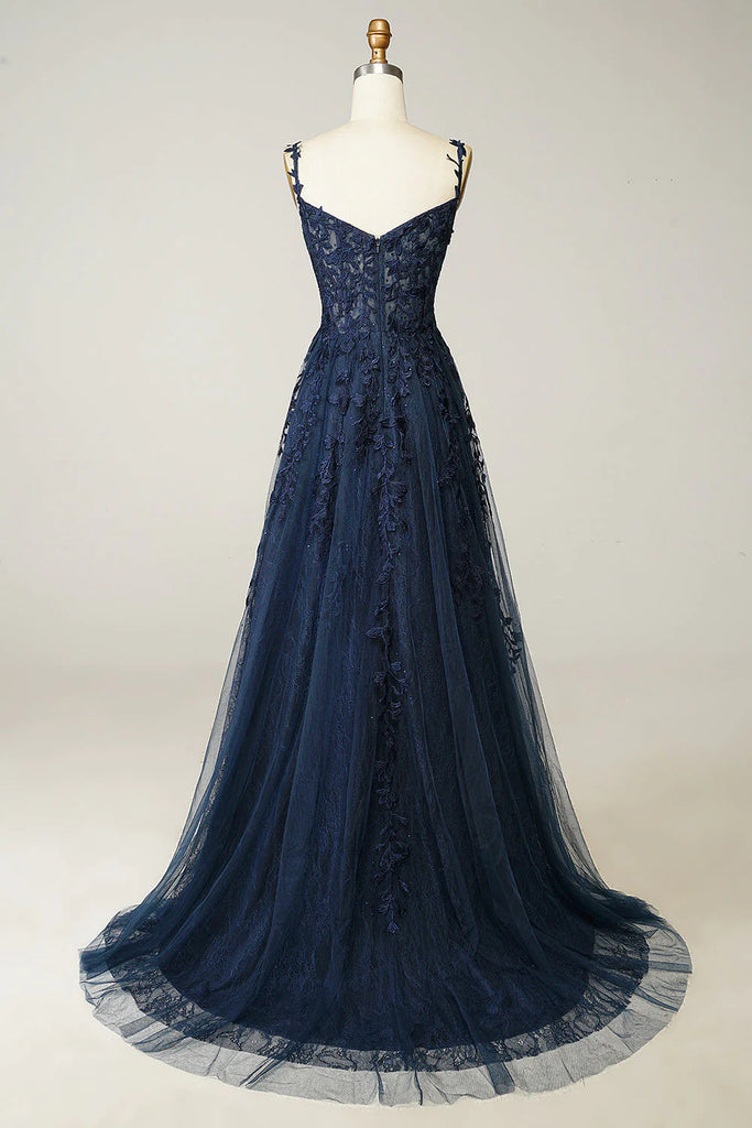Chic Tulle Floral Lace Off-the-Shoulder A-Line Prom Dress Evening Gown DMP282