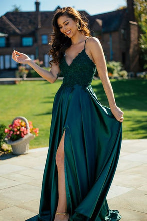A Line V Neck Dark Green Lace Top Long Prom Dress with Slit, Formal Graduation Evening Dress DM1004