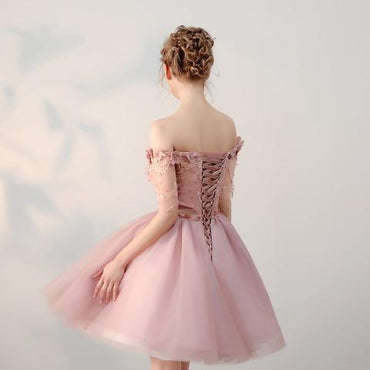 Chic Short Pearl Pink Off-the-shoulder Homecoming Dress,Tulle Cheap Prom Dresses DM511