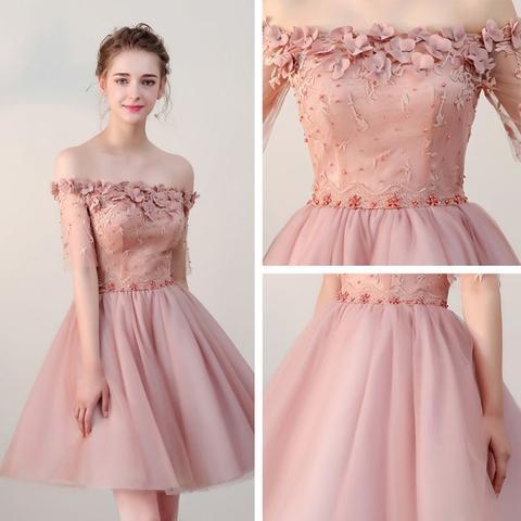 Chic Short Pearl Pink Off-the-shoulder Homecoming Dress,Tulle Cheap Prom Dresses DM511