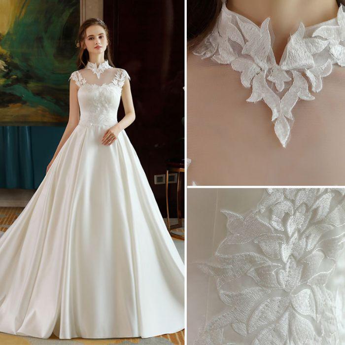 Ivory High Neck Ball Gown Lace Applique Cheap Wedding Dresses DM801