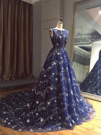 Chic A-line Ball Gown Dark Navy Sweep Train Tulle Modest Rhinestone Long Prom Dresses DM500