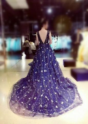 Chic A-line Ball Gown Dark Navy Sweep Train Tulle Modest Rhinestone Long Prom Dresses DM500