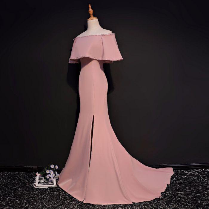 Elegant Trumpet Mermaid Off-the-shoulder Floor Length Pink Prom Dress With Slit DM631