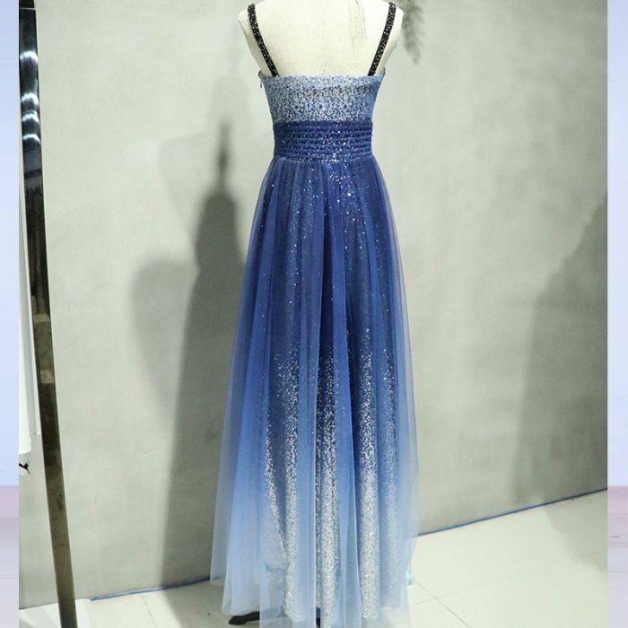 A-line Spaghetti Strap Sleeveless Royal Blue Tulle Sequins Modest Long Prom Dress DM616