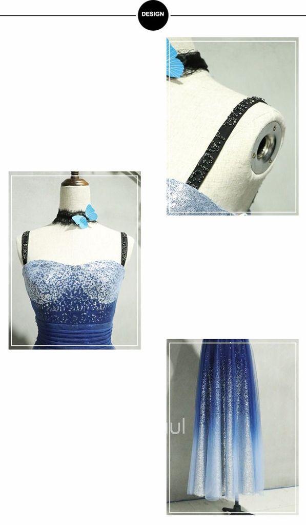A-line Spaghetti Strap Sleeveless Royal Blue Tulle Sequins Modest Long Prom Dress DM616
