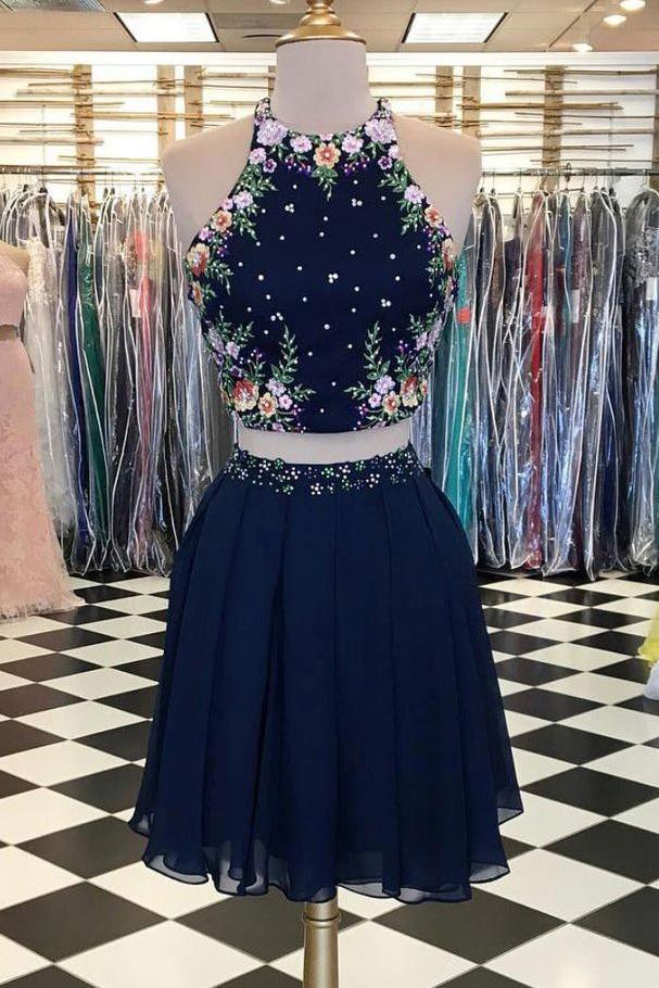 Two Pieces Dark Navy Scoop Floral Elegant Short Prom Dresses,Homecoming Dress DMD46