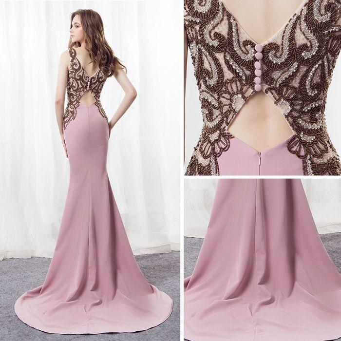 Elegant Mermaid Pink Sweep Train Bateau Long Prom Dress With Beading DM885