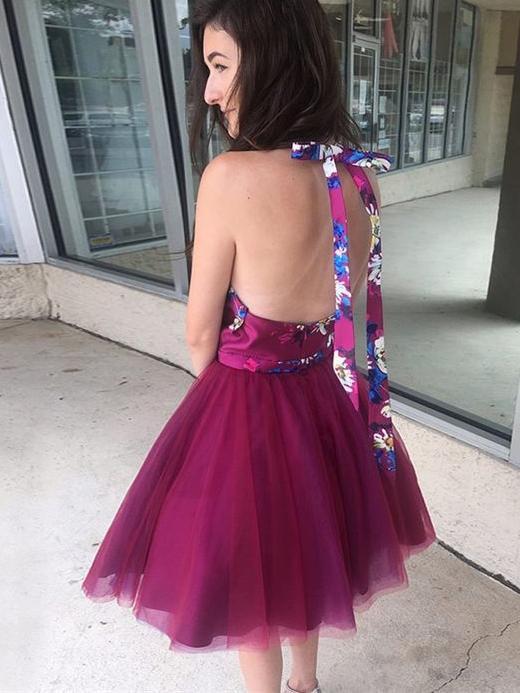 Chic A-line Fuchsia Short Prom Dress Halter Homecoming Dresses Cocktail Dress DME14