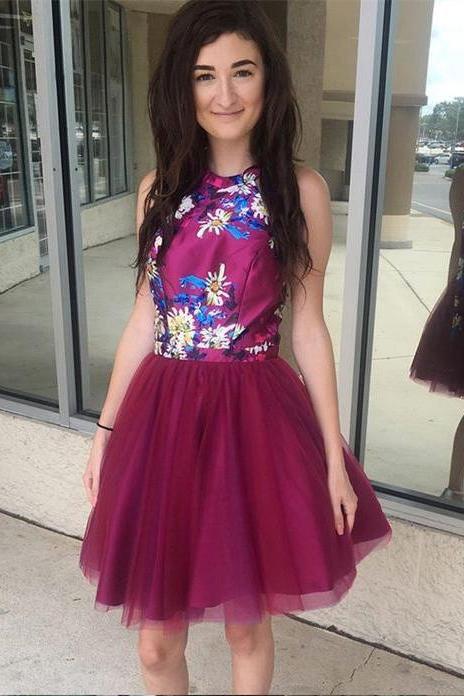 Chic A-line Fuchsia Short Prom Dress Halter Homecoming Dresses Cocktail Dress DME14