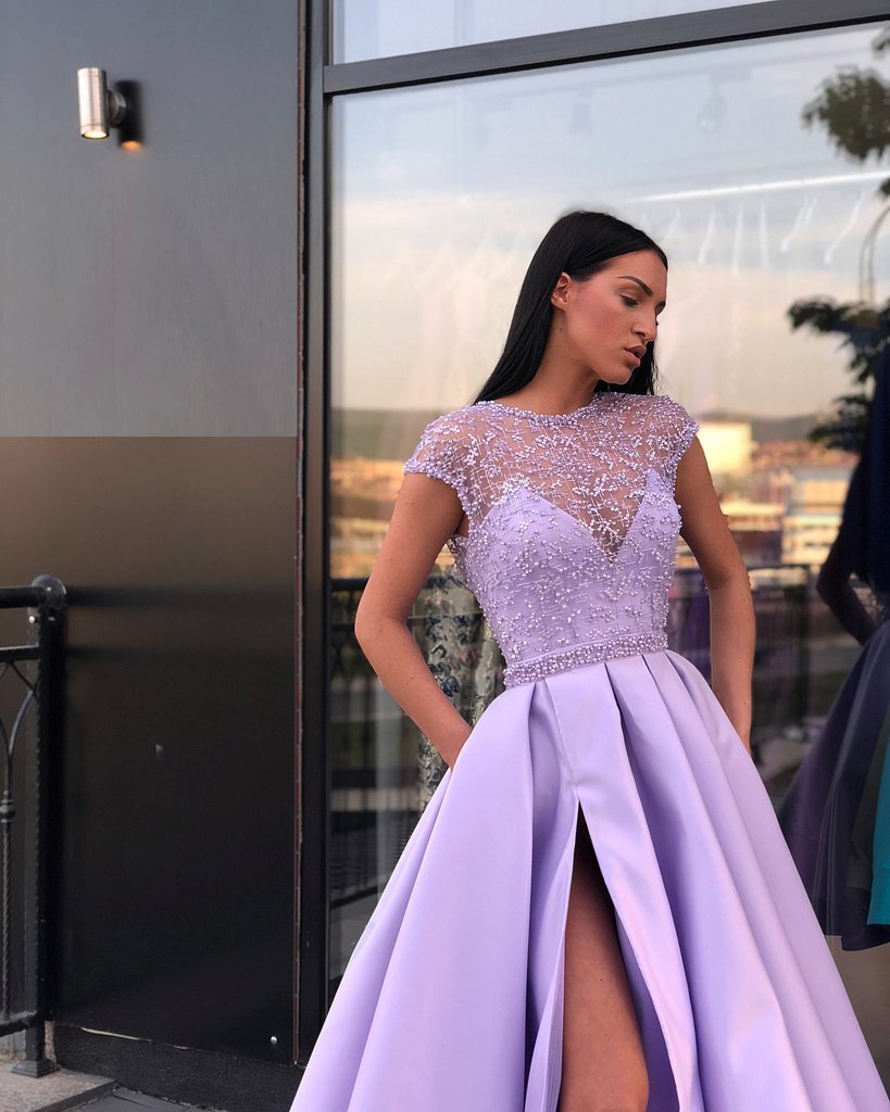 Light Purple A Line Satin Slit Cap Sleeves Prom Dresses With Pockets OKE52 Demodresses Light Purple A Line Satin Slit Cap Sleeves Prom Dresses With Pockets OKE52 Demodresses
