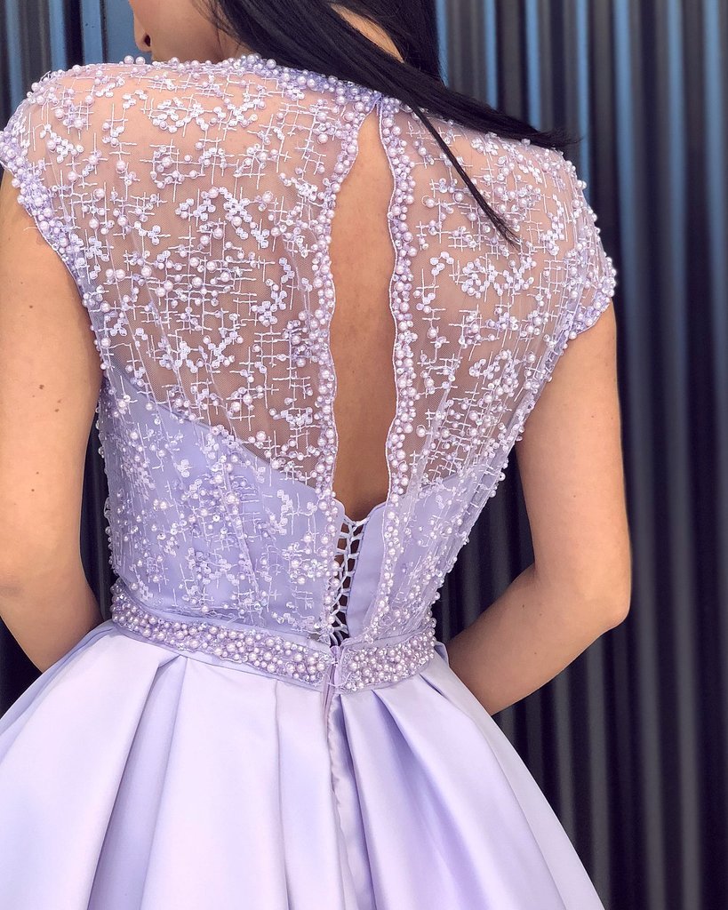 Light Purple A Line Satin Slit Cap Sleeves Prom Dresses With Pockets DME52