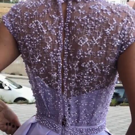 Light Purple A Line Satin Slit Cap Sleeves Prom Dresses With Pockets DME52