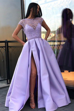 Light Purple A Line Satin Slit Cap Sleeves Prom Dresses With Pockets DME52