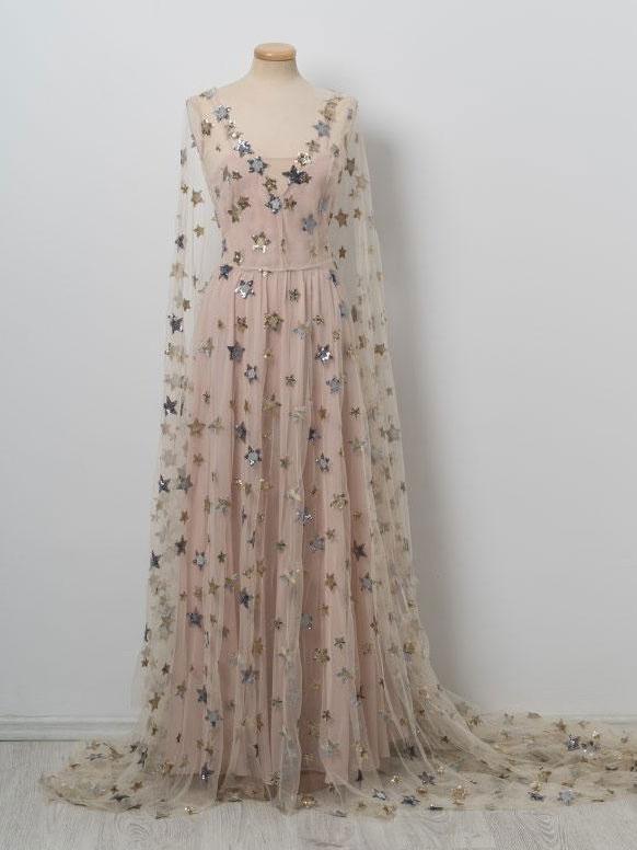 Chic V neck Floor Length Stars Pink Prom Dresses,Long Evening Dress DME19