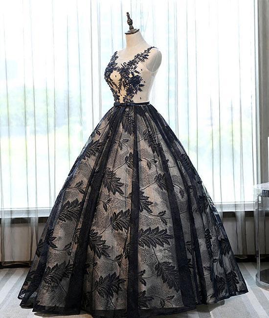 Ball Gown Black Lace Long Prom Dresses With Applique DM897