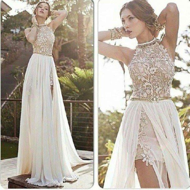 A line Sexy High Neck Lace Bodice Beach Wedding Dresses Ivory Chiffon Prom Dresses Demodresses