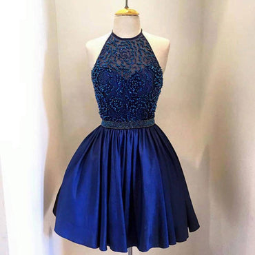Royal Blue A Line Taffeta Beaded Bodice Halter High Neck Homecoming Dresses DM371