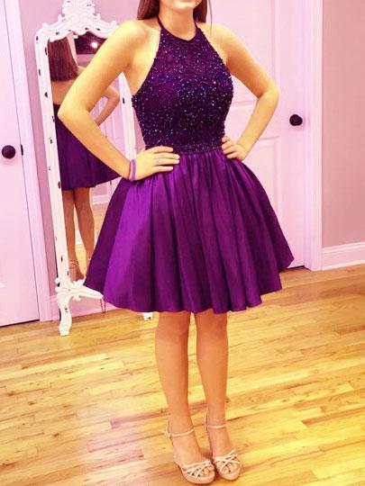 Royal Blue A Line Taffeta Beaded Bodice Halter High Neck Homecoming Dresses DM371