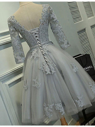 Gray A Line Homecoming Dresses with Half Sleeves,Lace Appliqued Short Prom Dresses DM463